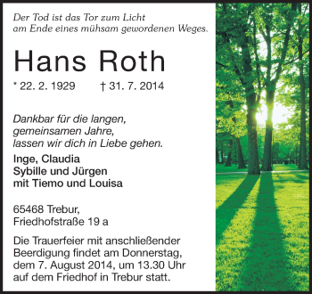 Traueranzeige von Hans Roth von Rüsselsheimer Echo, Groß-Gerauer-Echo, Ried Echo