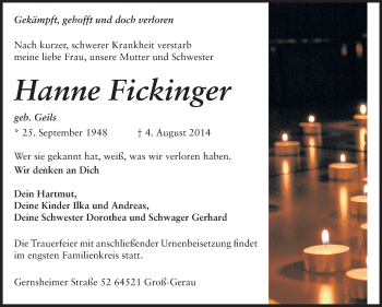Traueranzeige von Hanne Fickinger von Echo-Zeitungen (Gesamtausgabe)