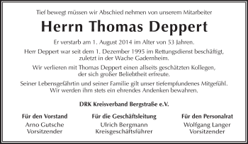 Traueranzeige von Thomas Deppert von Starkenburger Echo, Bergsträßer Anzeiger
