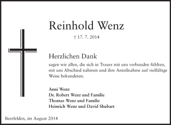 Traueranzeige von Reinhold Wenz von Odenwälder Echo