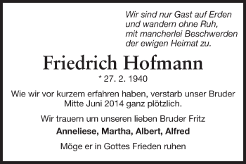 Traueranzeige von Friedrich Hofmann von Odenwälder Echo