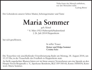 Traueranzeige von Maria Sommer von Starkenburger Echo