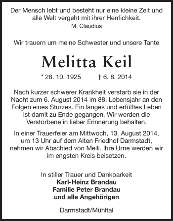 Traueranzeige von Melitta Keil von Echo-Zeitungen (Gesamtausgabe)