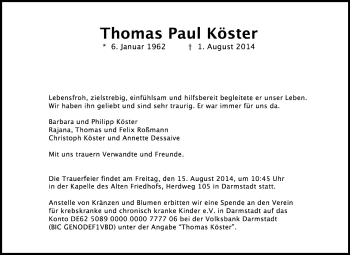 Traueranzeige von Thomas Paul Köster von Darmstädter Echo, Odenwälder Echo, Rüsselsheimer Echo, Groß-Gerauer-Echo, Ried Echo
