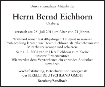 Traueranzeige von Bernd Eichhorn von Odenwälder Echo