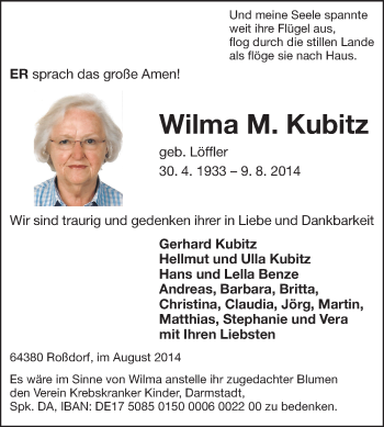 Traueranzeige von Wilma Kubitz von Darmstädter Echo, Odenwälder Echo, Rüsselsheimer Echo, Groß-Gerauer-Echo, Ried Echo