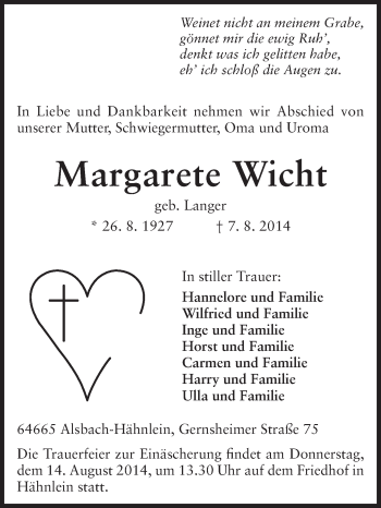 Traueranzeige von Margarete Wicht von Echo-Zeitungen (Gesamtausgabe)