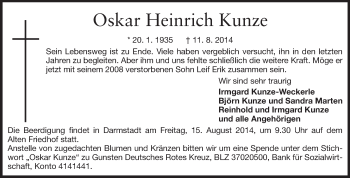 Traueranzeige von Oskar Heinrich Kunze von Echo-Zeitungen (Gesamtausgabe)