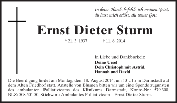 Traueranzeige von Ernst Dieter Sturm von Echo-Zeitungen (Gesamtausgabe)