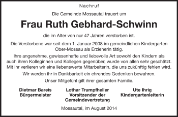 Traueranzeige von Ruth Gebhard-Schwinn von Odenwälder Echo