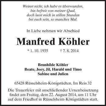 Traueranzeige von Manfred Köhler von Rüsselsheimer Echo, Groß-Gerauer-Echo, Ried Echo