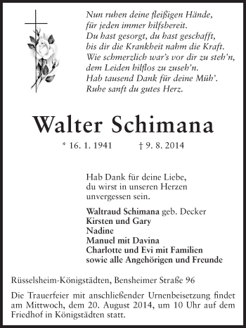 Traueranzeige von Walter Schimana von Rüsselsheimer Echo, Groß-Gerauer-Echo, Ried Echo