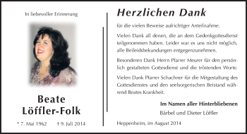 Traueranzeige von Beate Löffler-Folk von Starkenburger Echo, Bergsträßer Anzeiger