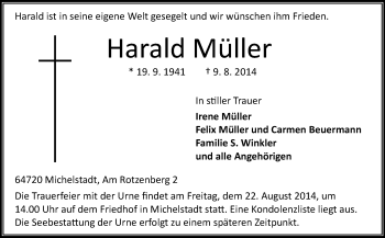 Traueranzeige von Harald Müller von Odenwälder Echo