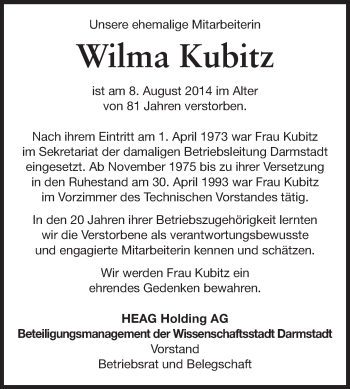 Traueranzeige von Wilma Kubitz von Echo-Zeitungen (Gesamtausgabe)