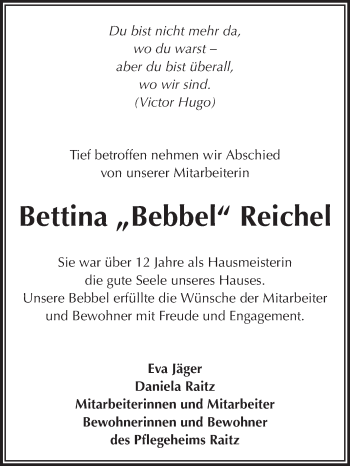 Traueranzeige von Bettina Reichel von Odenwälder Echo