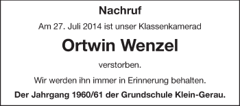 Traueranzeige von Ortwin Wenzel von Rüsselsheimer Echo, Groß-Gerauer-Echo, Ried Echo