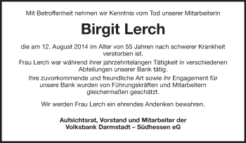 Traueranzeige von Birgit Lerch von Echo-Zeitungen (Gesamtausgabe)