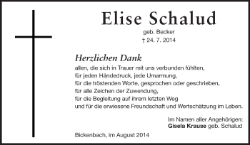 Traueranzeige von Elise Schalud von Echo-Zeitungen (Gesamtausgabe)