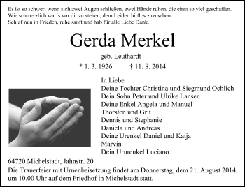Traueranzeige von Gerda Merkel von Odenwälder Echo