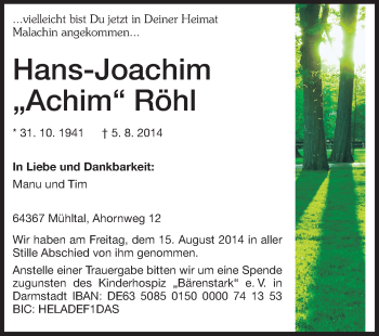 Traueranzeige von Hans-Joachim Röhl von Echo-Zeitungen (Gesamtausgabe)