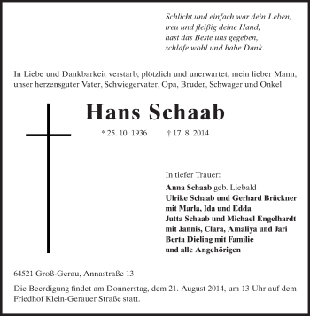 Traueranzeige von Hans Schaab von Rüsselsheimer Echo, Groß-Gerauer-Echo, Ried Echo
