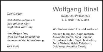 Traueranzeige von Wolfgang Binal von Echo-Zeitungen (Gesamtausgabe)