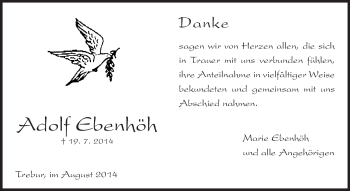 Traueranzeige von Adolf Ebenhöh von Rüsselsheimer Echo, Groß-Gerauer-Echo, Ried Echo