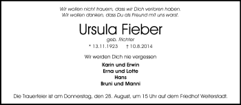 Traueranzeige von Ursula Fieber von Echo-Zeitungen (Gesamtausgabe)