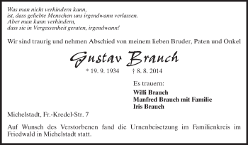 Traueranzeige von Gustav Brauch von Odenwälder Echo