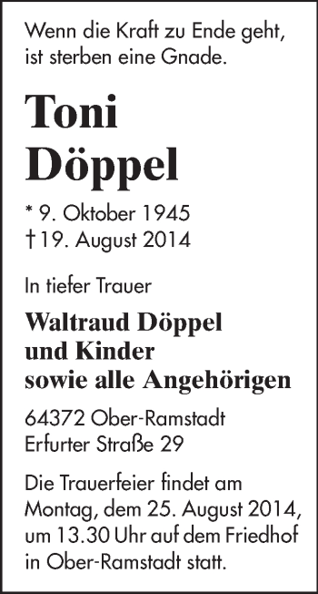 Traueranzeige von Toni Döppel von Echo-Zeitungen (Gesamtausgabe)