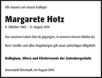 Traueranzeige von Margarete Hotz von Echo-Zeitungen (Gesamtausgabe)