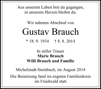 Traueranzeige von Gustav Brauch von Odenwälder Echo