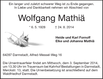 Traueranzeige von Wolfgang Mathiä von Echo-Zeitungen (Gesamtausgabe)