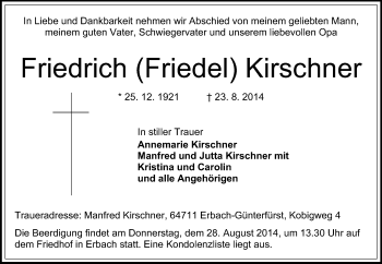 Traueranzeige von Friedrich Kirschner von Odenwälder Echo