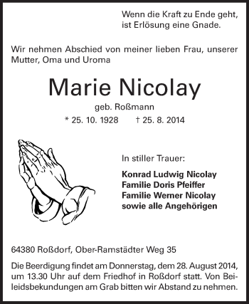 Traueranzeige von Marie Nicolay von Echo-Zeitungen (Gesamtausgabe)