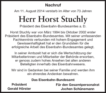 Traueranzeige von Horst Stuchly von Rüsselsheimer Echo, Groß-Gerauer-Echo, Ried Echo