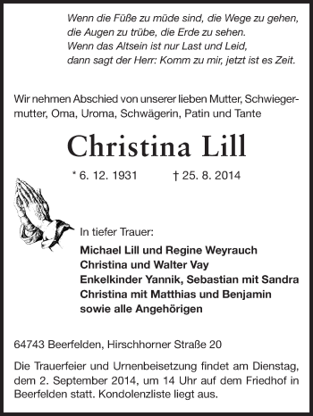 Traueranzeige von Christina Lill von Odenwälder Echo