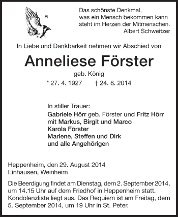 Traueranzeige von Anneliese Förster von Starkenburger Echo
