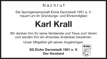 Traueranzeige von Karl Krall von Echo-Zeitungen (Gesamtausgabe)