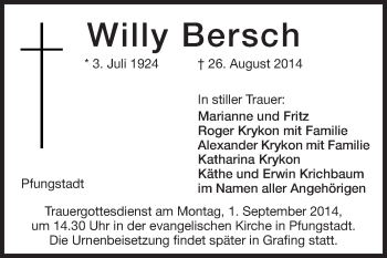 Traueranzeige von Willy Bersch von Echo-Zeitungen (Gesamtausgabe)