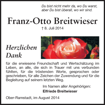 Traueranzeige von Franz-Otto Breitwieser von Echo-Zeitungen (Gesamtausgabe)