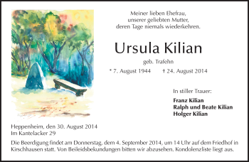 Traueranzeige von Ursula Kilian von Starkenburger Echo, Bergsträßer Anzeiger