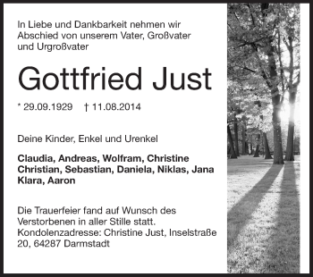 Traueranzeige von Gottfried Just von Echo-Zeitungen (Gesamtausgabe)