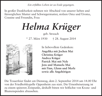 Traueranzeige von Helma Krüger von Rüsselsheimer Echo, Groß-Gerauer-Echo, Ried Echo