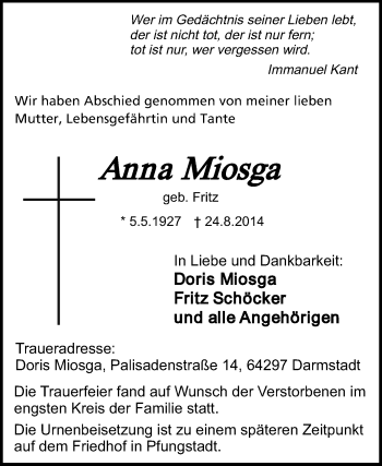 Traueranzeige von Anna Miosga von Echo-Zeitungen (Gesamtausgabe)