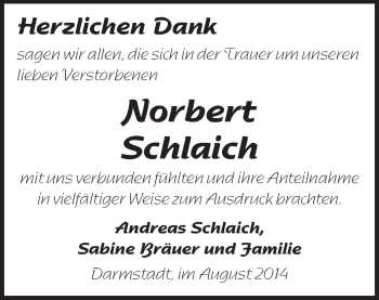 Traueranzeige von Norbert Schlaich von Echo-Zeitungen (Gesamtausgabe)