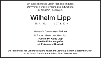 Traueranzeige von Wilhelm Lipp von Echo-Zeitungen (Gesamtausgabe)