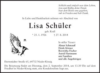 Traueranzeige von Lisa Schüler von Odenwälder Echo