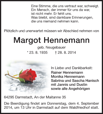 Traueranzeige von Margot Hennemann von Echo-Zeitungen (Gesamtausgabe)